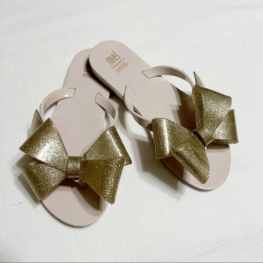 Mel Dreamed by Melissa Bow Gold Sparkle Sandals Flip Flops‎ Girls